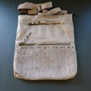 Platania Genuine Leather Made in Italy‎ Purse Crossbody Woven Jeweled Taupe